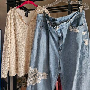FOR JOSEPH LIGHT DENIM AND BEIGE/CREAM TOP SET SIZE 2X TOP SIZE 24 PANTS